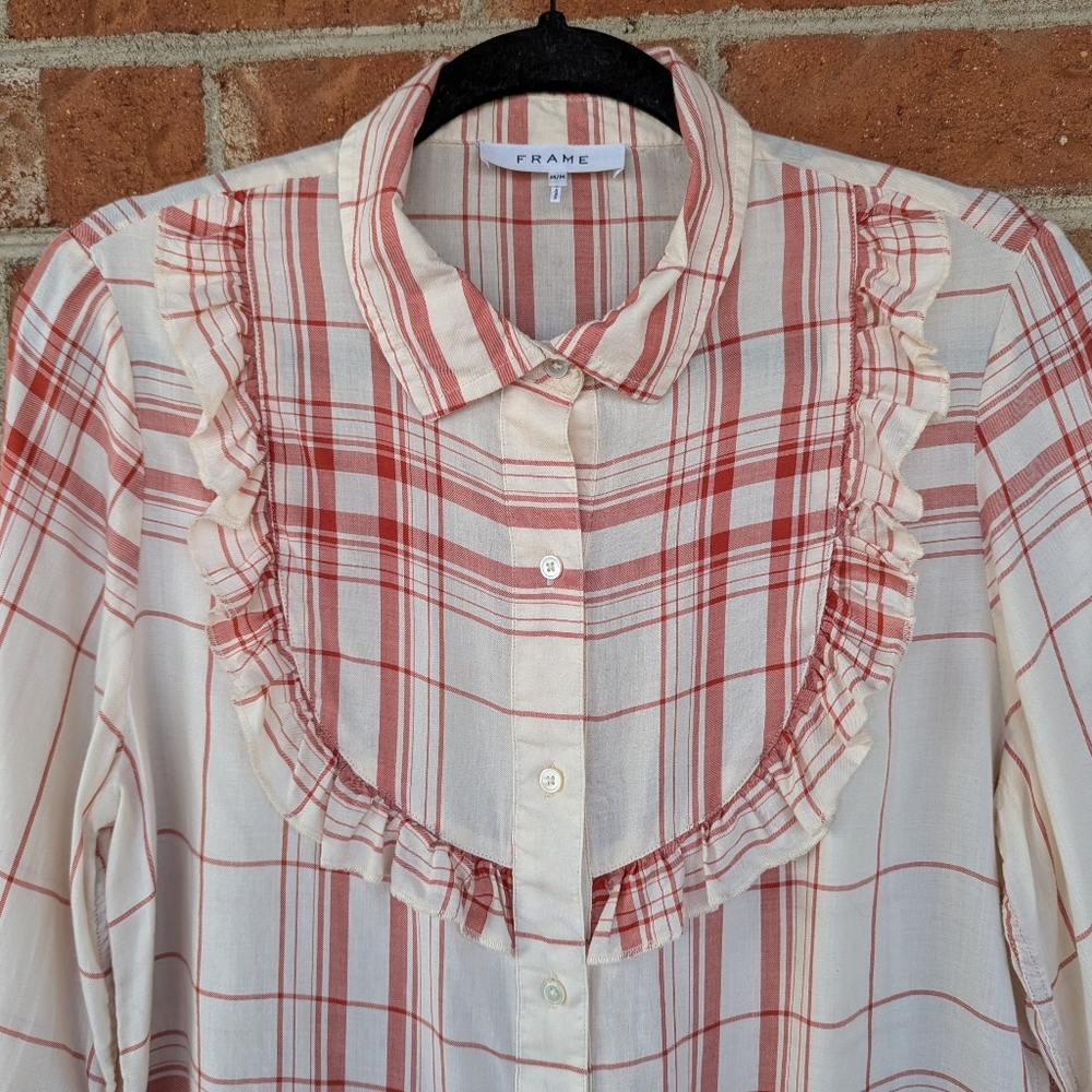 FRAME Plaid Ruffle Button‑Down Shirt Red/Cream Size M - Picture 4 of 10
